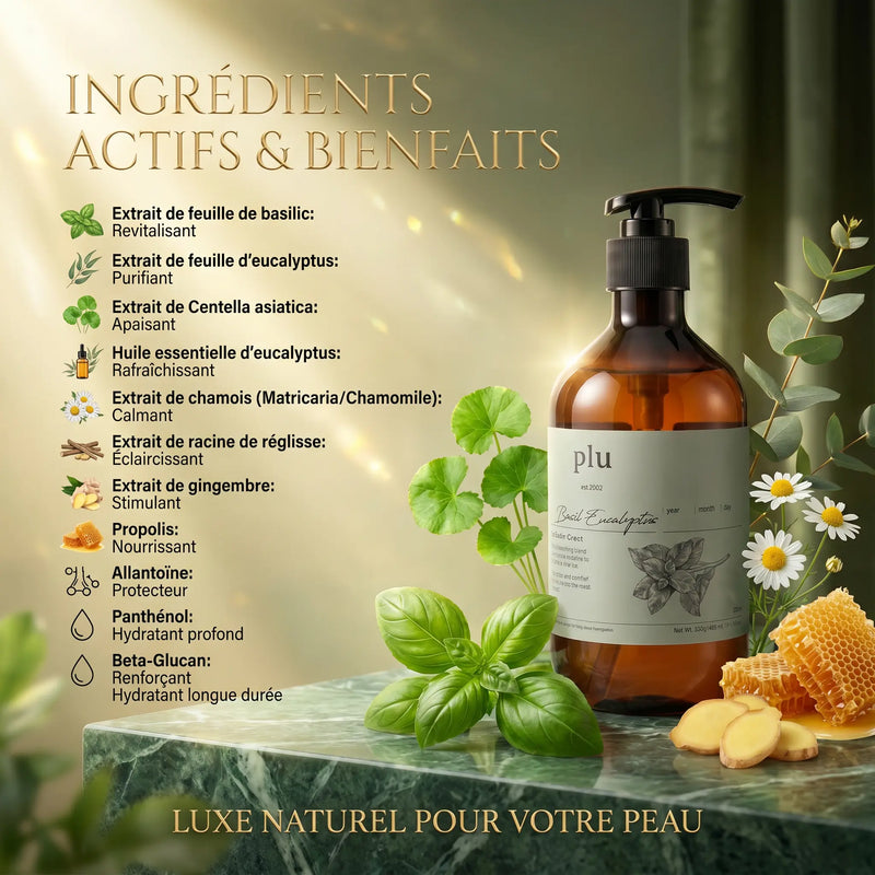 Gel Douche 500 ml - Eucalyptus et Basilic Rafraîchissant - PLU PLU